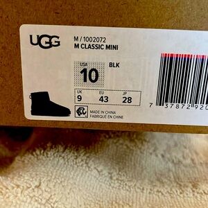 Brand new in original box, men’s size 10 black suede UGG mini classic.